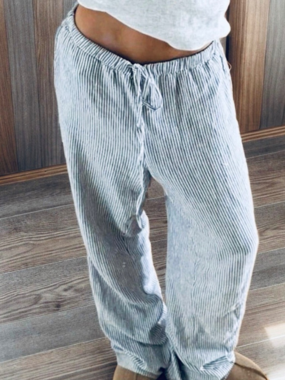 Brandy Melville Seersucker Striped Drawstring Pants w/Pockets 100% Cotton Linen